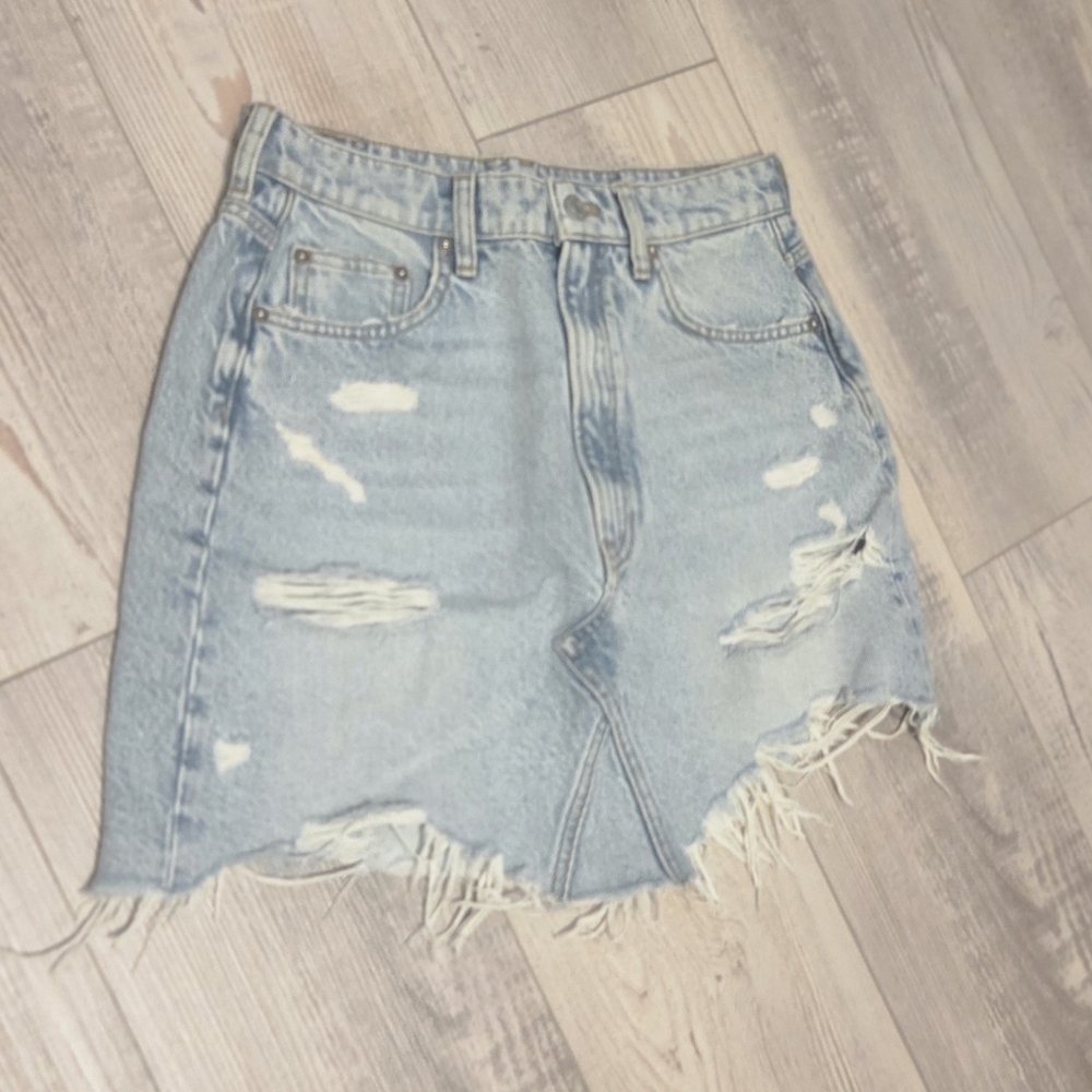 TURKISH MADE Trendy Light Blue Distressed Denim Mini Skirt
